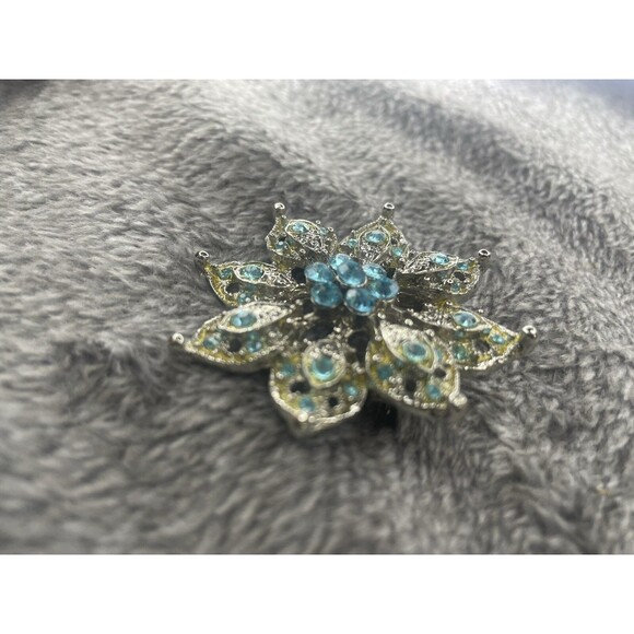 Aqua Blue Rhinestone Brooch Yellow/Green Accents Silver Tone 1.75" Round Pin - Picture 7 of 11